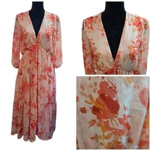 Maison Tara Floral Maxi Dress Sheer‎ Chiffon Long Sleeve V-Neck Sz 10